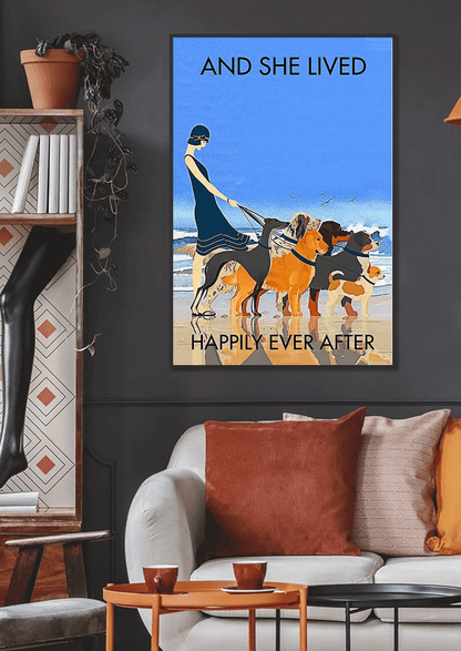 Dogs Portrait Canvas - Dogs And She Lived Happily Ever After Beach Portrait Canvas - Gift For Family, Friends, Dog Lovers, Beach Lovers - Amzanimalsgift