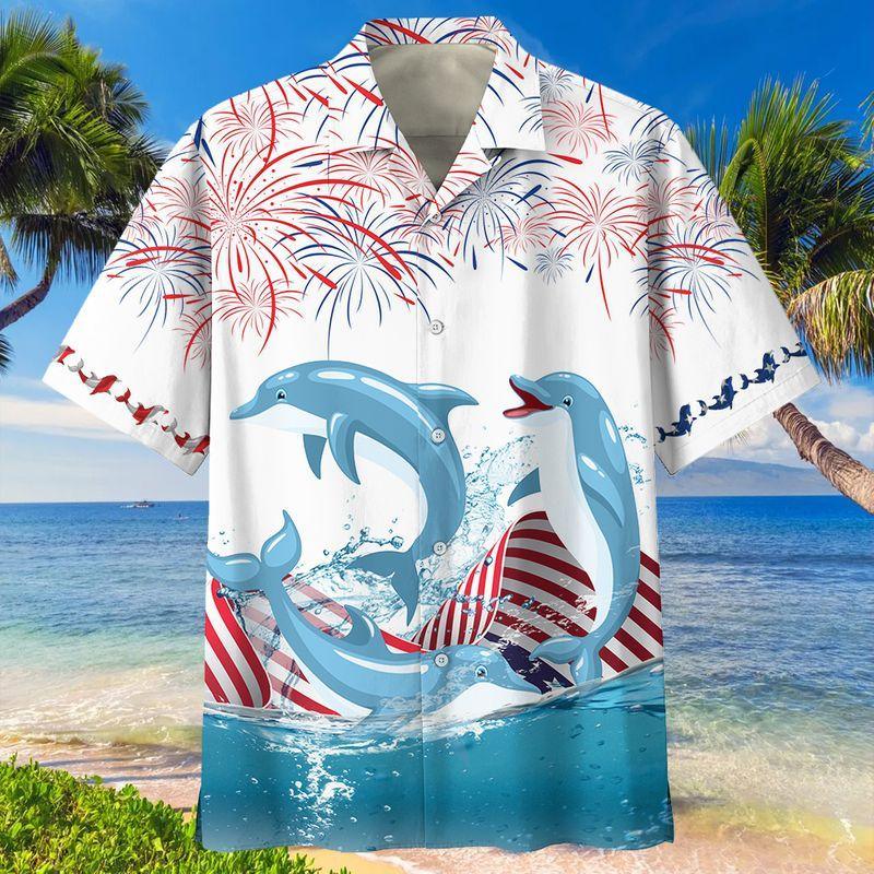 Dolphin Independence Day Aloha Hawaiian Shirts For Men Women, 4th July American Flag Firework Hawaiian Shirt, Gift For Summer, Friend, Family, Patriot - Amzanimalsgift