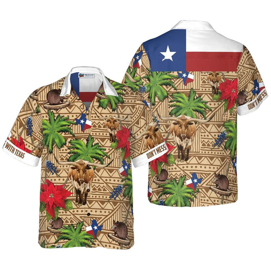 Don't Mess With Texas Hawaiian Shirt, Brown Tribal Pattern Texas Hawaiian Shirt, Summer Aloha Shirt- Perfect Gift For Men, Women, Friend, Family - Amzanimalsgift