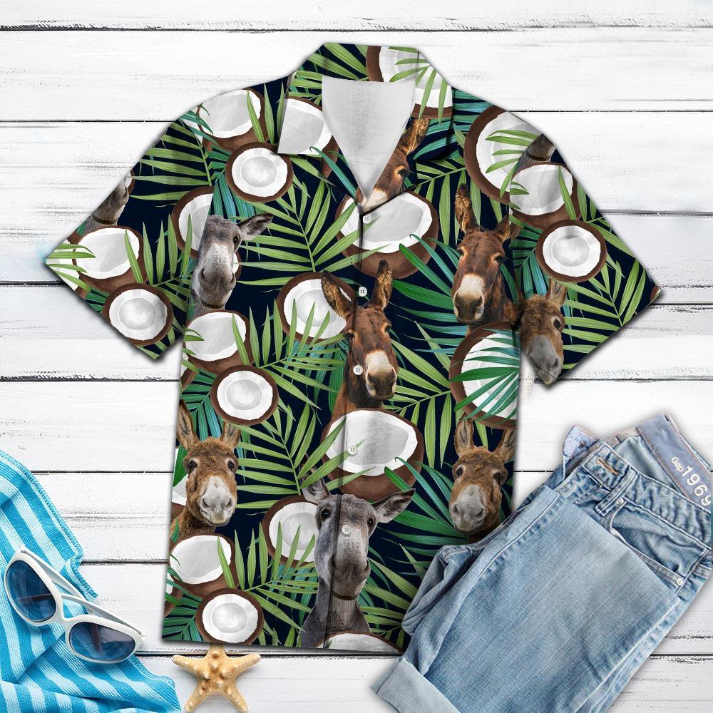 Donkey Aloha Hawaiian Shirts For Summer, Green Leaf Tropical Pattern Hawaiian Shirt Outfits For Men Women, Gift For Friend, Donkey Lovers - Amzanimalsgift