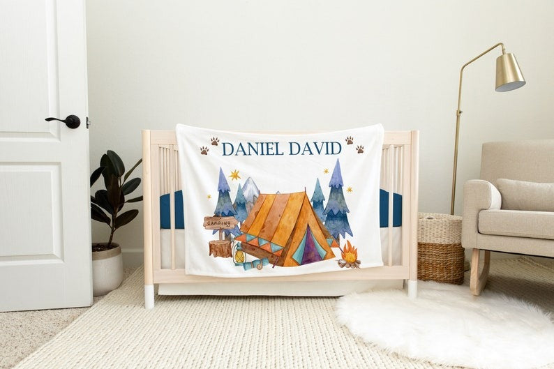 Camping Mountain Baby Milestone Blanket With Customized Name For Baby Boy Girl Nursery, Son, Grandson, Daughter, Granddaughter