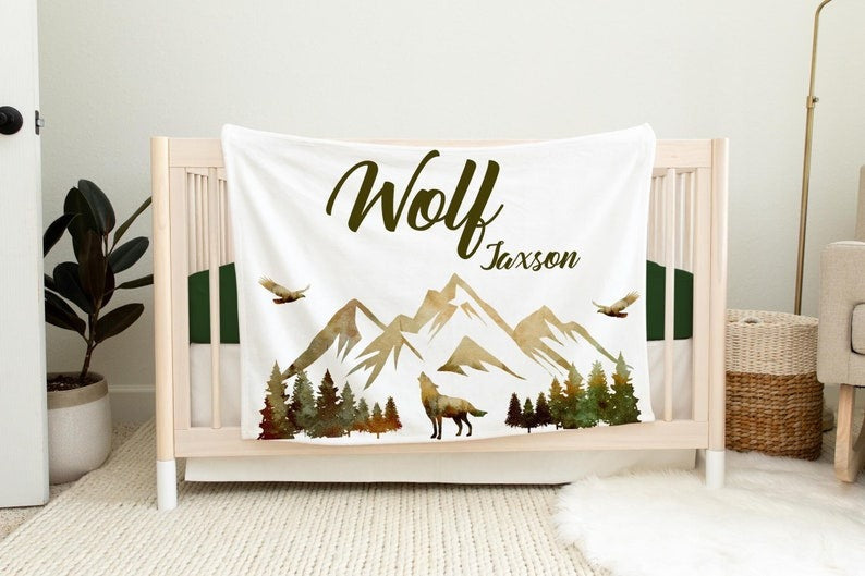 Wolf Forest Mountain Baby Kids Blanket With Customized Name For Baby Boy Nursery, Son, Grandson, Month Gifts