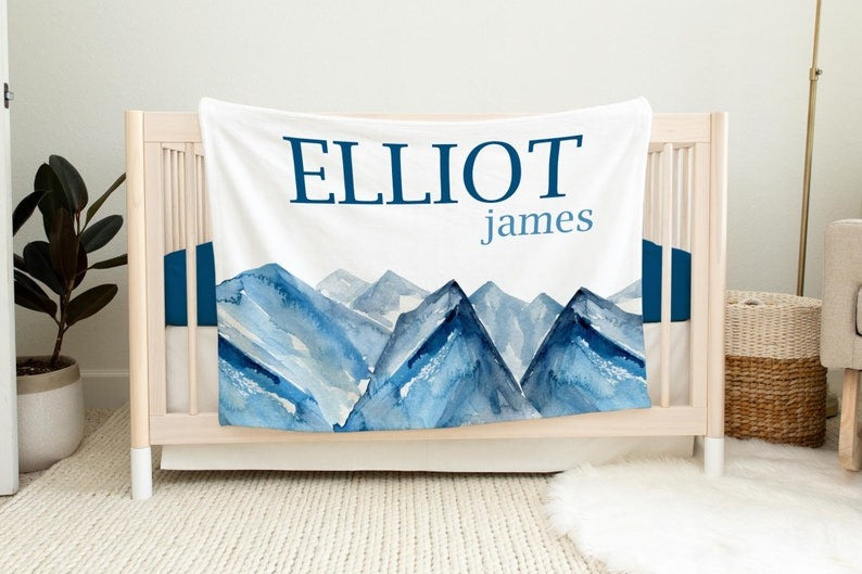 Blue Mountains Baby Kids Blanket With Customized Name For Baby Boy Girl Nursery, Son, Grandson, Daughter, Granddaughter, Month Gifts