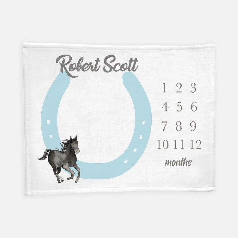 Black Horse Baby Milestone Blanket, Blue Horseshoe Baby Blanket With Customized Name For Baby Boy Nursery, Son, Grandson, Month Gifts