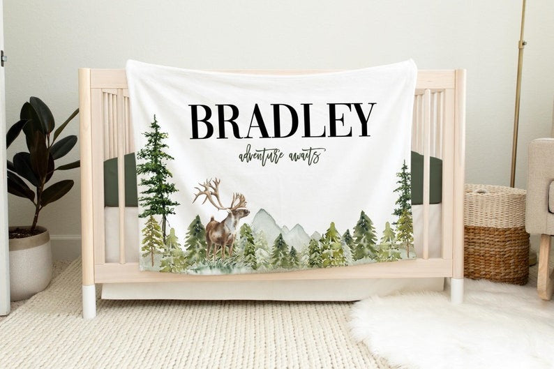 Deer Forest Baby Kids Blanket With Customized Name For Baby Boy Girl Nursery, Son, Grandson, Daughter, Granddaughter