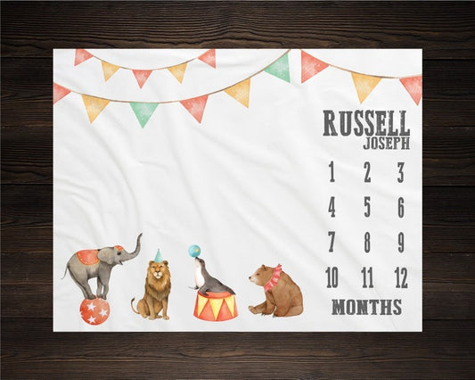 Circus Animals Baby Milestone Blanket With Customized Name For Baby Boy Girl Nursery, Son, Grandson, Daughter, Granddaughter
