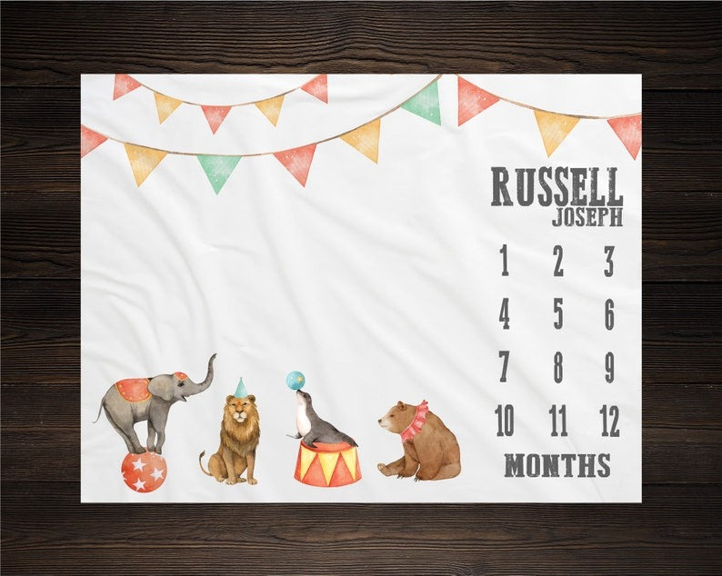 Circus Animals Baby Milestone Blanket With Customized Name For Baby Boy Girl Nursery, Son, Grandson, Daughter, Granddaughter