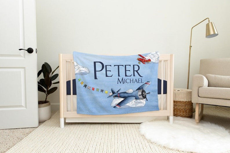 Airplane Baby Kids Blanket With Customized Name For Baby Boy Nursery, Son, Grandson, Month Gifts