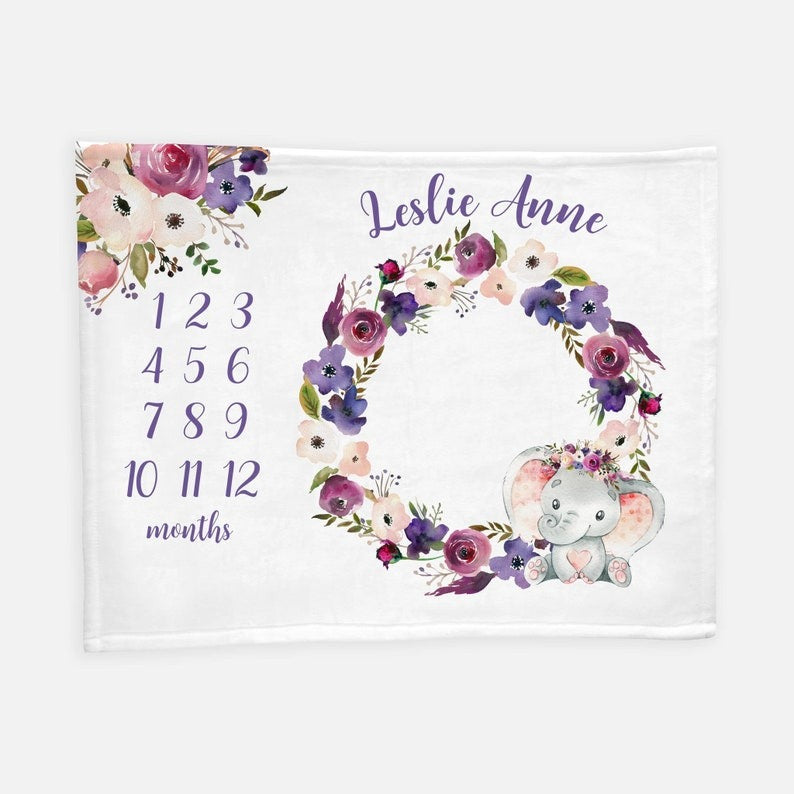 Elephant Purple Floral Wreath Baby Milestone Blanket With Customized Name For Baby Girl Nursery, Daughter, Granddaughter, Month Gifts