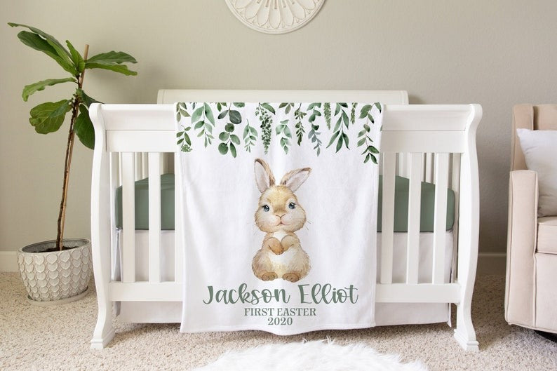 Bunny Easter Baby Kids Blanket With Customized Name For Baby Girl Nursery, Daughter, Granddaughter, Month Gifts