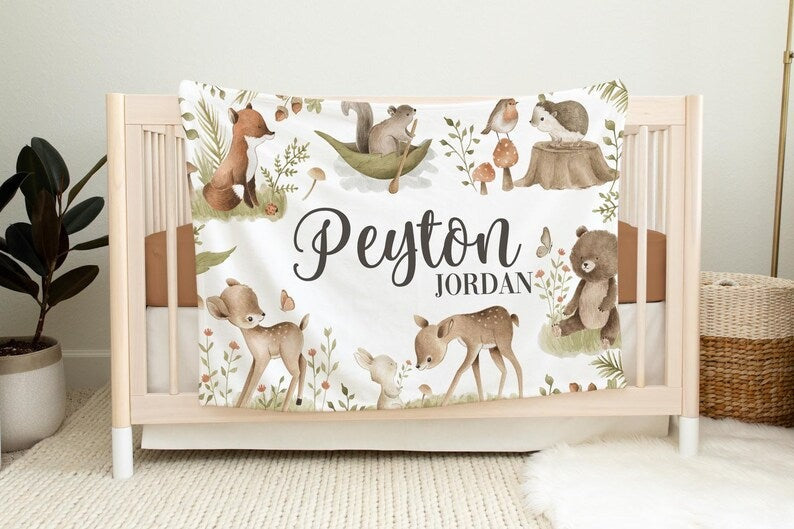 Animals Forest Baby Kids Blanket With Customized Name For Baby Boy Girl Nursery, Daughter, Granddaughter, Son, Grandson