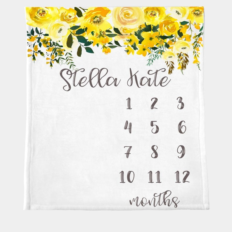 Yellow Floral Baby Milestone Blanket With Customized Name For Baby Girl Nursery, Daughter, Granddaughter, Month Gifts