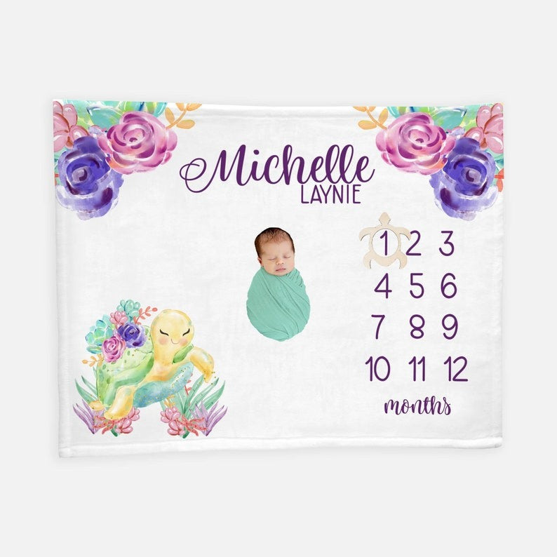 Turtle Ocean Life Baby Milestone Blanket With Customized Name For Baby Girl Nursery, Daughter, Granddaughter, Month Gifts