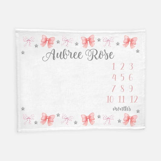 Bows and Stars Baby Milestone Blanket With Customized Name For Baby Girl Nursery, Daughter, Granddaughter, Month Gifts