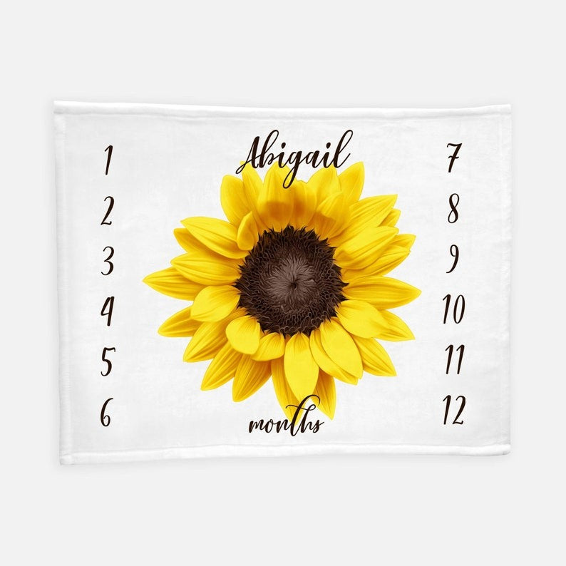 Big Sunflower Baby Milestone Blanket With Customized Name For Baby Girl Nursery, Daughter, Granddaughter, Month Gifts