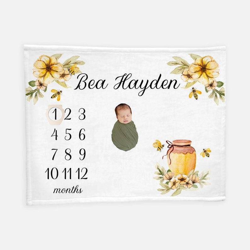 Honey Bee Baby Milestone Blanket With Customized Name For Baby Girl Nursery, Daughter, Granddaughter, Month Gifts