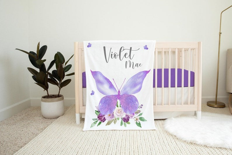 Violet Butterfly Floral Baby Kids Blanket With Customized Name For Baby Girl Nursery, Daughter, Granddaughter