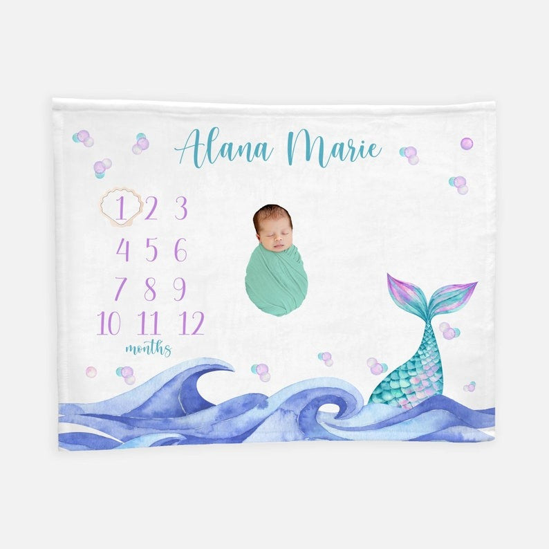 Mermaid Baby Milestone Blanket With Customized Name For Baby Girl Nursery, Daughter, Granddaughter