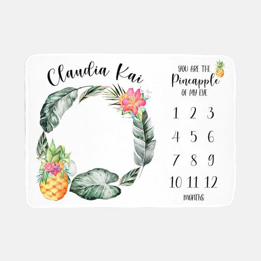 Pineapple Tropical Baby Milestone Blanket With Customized Name For Baby Girl Nursery, Daughter, Granddaughter