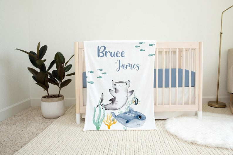 Shark Baby Kids Blanket With Customized Name For Baby Boy Girl Nursery, Daughter, Granddaughter, Son, Grandson