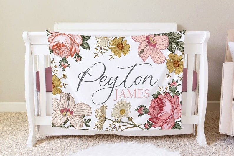 Vintage Floral Baby Kids Blanket With Customized Name For Baby Girl Nursery, Daughter, Granddaughter, Month Gifts