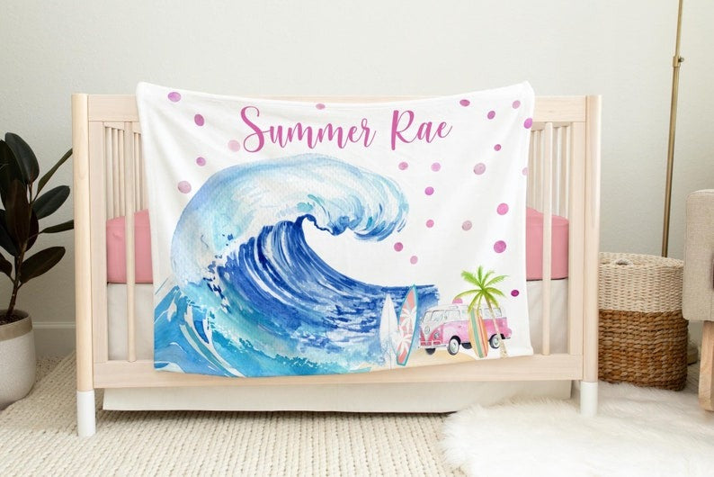 Ocean Waves Baby Kids Blanket With Customized Name For Baby Boy Girl Nursery, Daughter, Granddaughter, Son, Grandson, Month Gifts