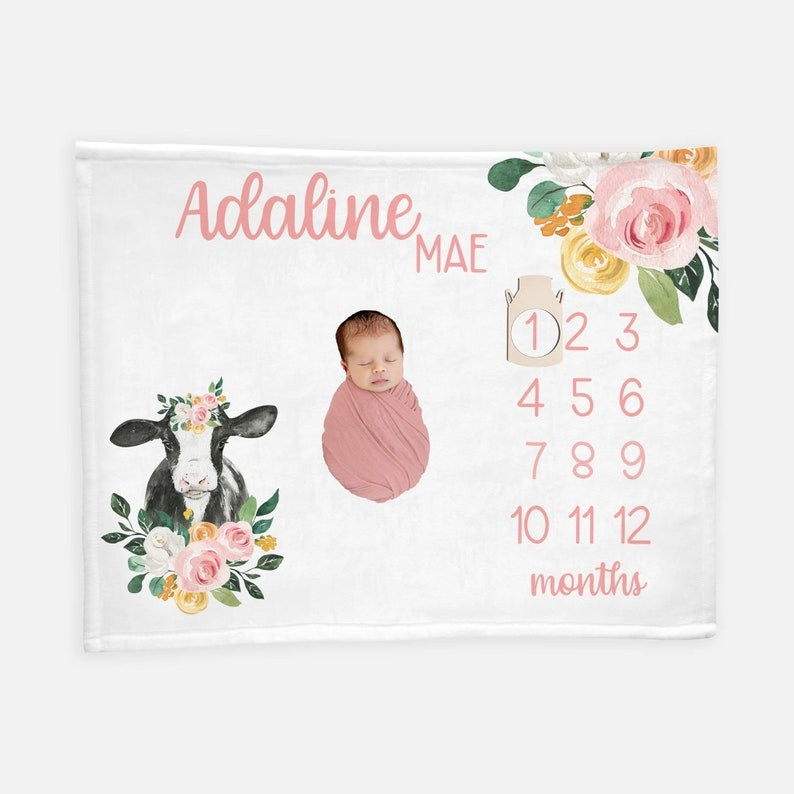 Cow Floral Baby Milestone Blanket With Customized Name For Baby Girl Nursery, Daughter, Granddaughter, Month Gifts