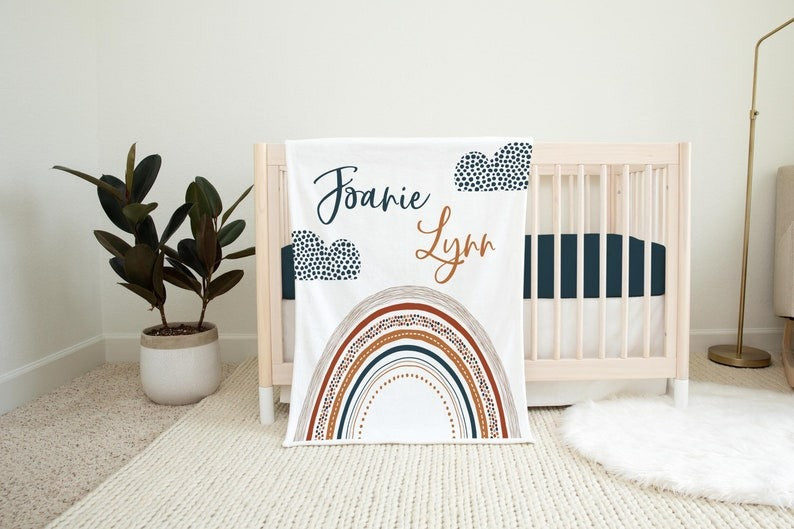 Neutral Rainbow Baby Kids Blanket With Customized Name For Baby Boy Nursery, Son, Grandson, Month Gifts