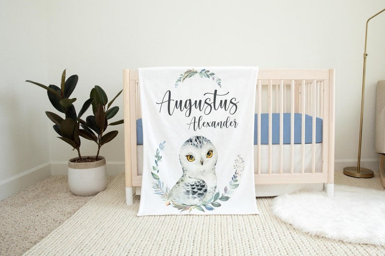 Snowy Owl Baby Kids Blanket With Customized Name For Baby Boy Girl Nursery, Son, Grandson, Daughter, Granddaughter, Month Gifts