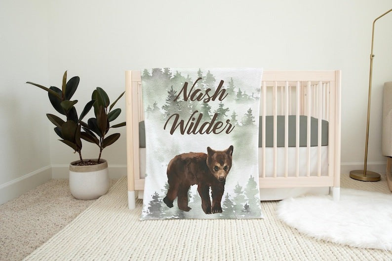 Brown Bear Baby Kids Blanket With Customized Name For Baby Boy Girl Nursery, Son, Grandson, Daughter, Granddaughter, Month Gifts