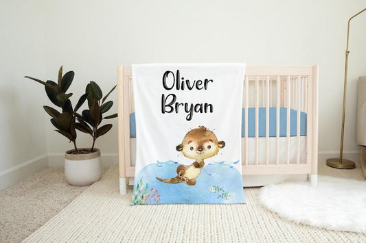 Otter Baby Kids Blanket With Customized Name For Baby Boy Girl Nursery, Son, Grandson, Daughter, Granddaughter, Month Gifts