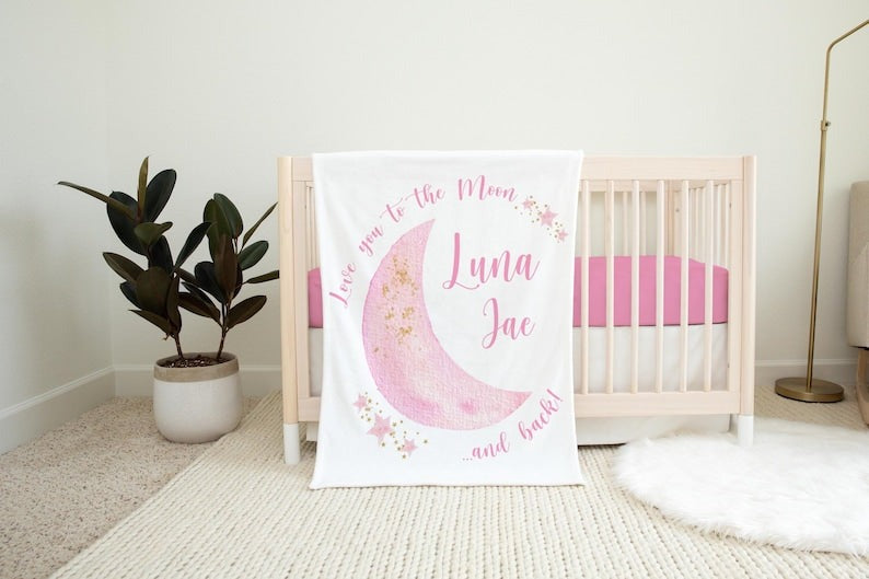 Pink Luna Baby Kids Blanket With Customized Name For Baby Girl Nursery, Daughter, Granddaughter, Month Gifts