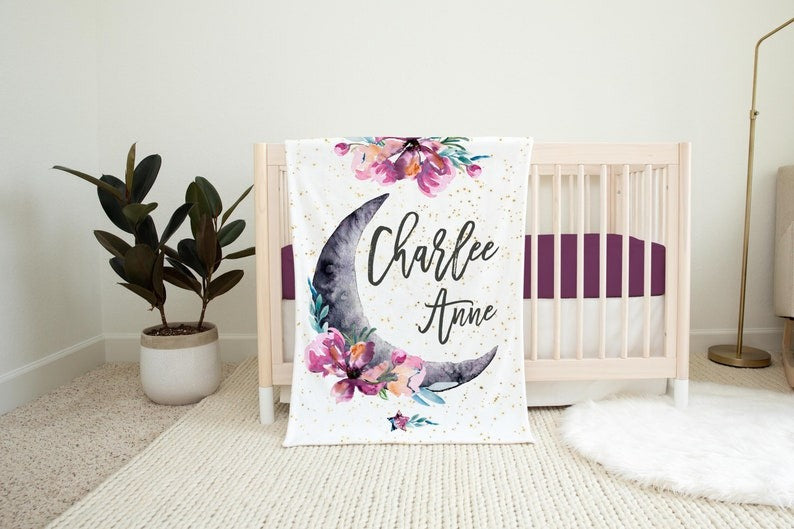 Floral Moon Baby Kids Blanket With Customized Name For Baby Girl Nursery, Daughter, Granddaughter, Month Gifts