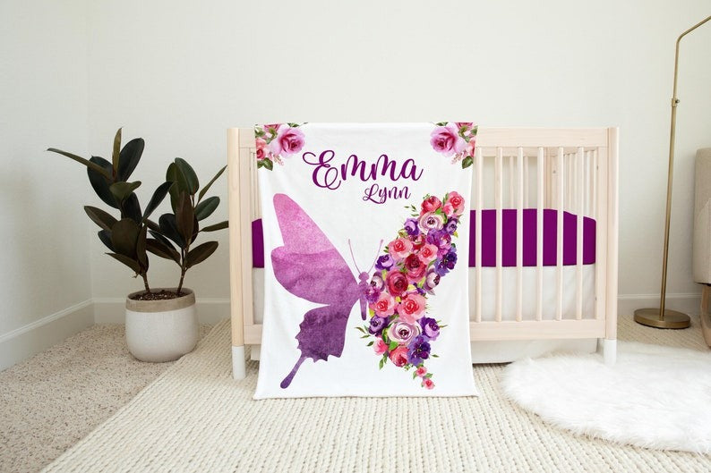 Butterfly Floral Baby Kids Blanket With Customized Name For Baby Girl Nursery, Daughter, Granddaughter, Month Gifts