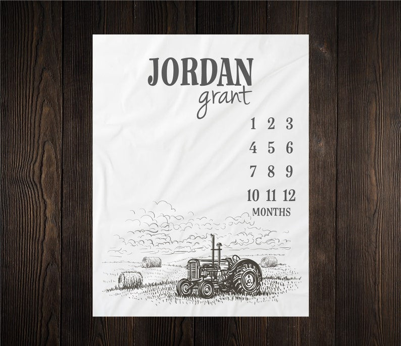 Tractor Baby Milestone Blanket With Customized Name For Baby Boy Nursery, Son, Grandson, Month Gifts