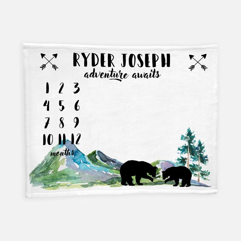 Black Bear Baby Milestone Blanket With Customized Name For Baby Boy Nursery, Son, Grandson, Month Gifts