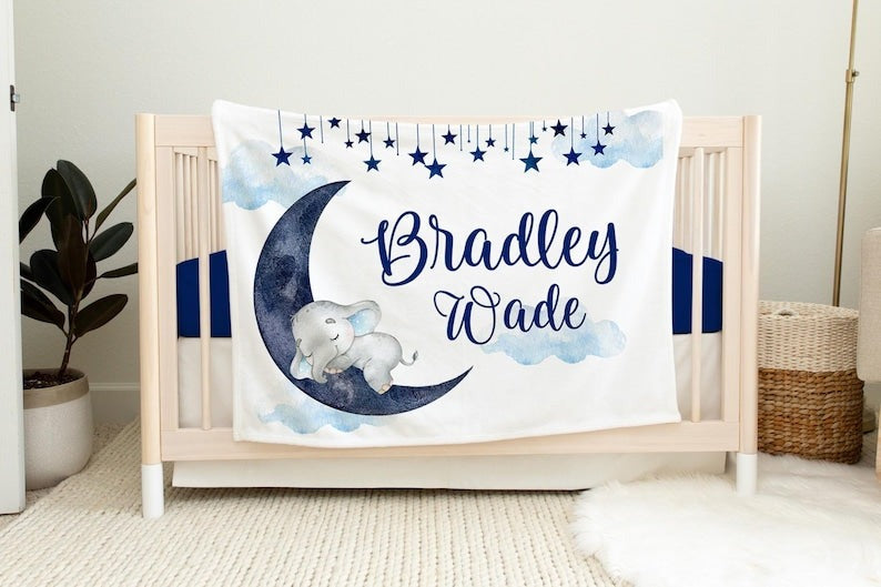 Moon Elephant Baby Kid Blanket With Customized Name For Baby Boy Girl Nursery, Son, Grandson, Daughter, Granddaughter, Month Gifts