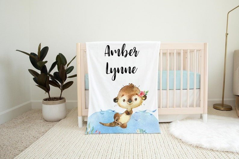 Girl Otter Baby Kid Blanket With Customized Name For Baby Girl Nursery, Daughter, Granddaughter, Month Gifts