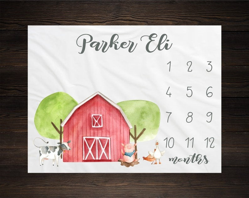 Farm Animal Baby Milestone Blanket With Customized Name For Baby Boy Nursery, Son, Grandson, Month Gifts