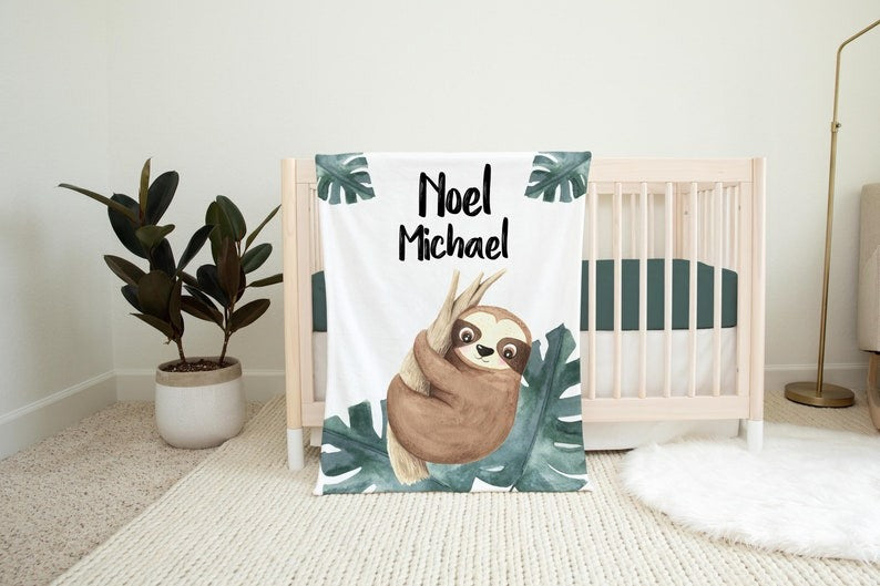 Sloth Baby Kids Blanket With Customized Name For Baby Boy Girl Nursery, Son, Grandson, Daughter, Granddaughter, Month Gifts