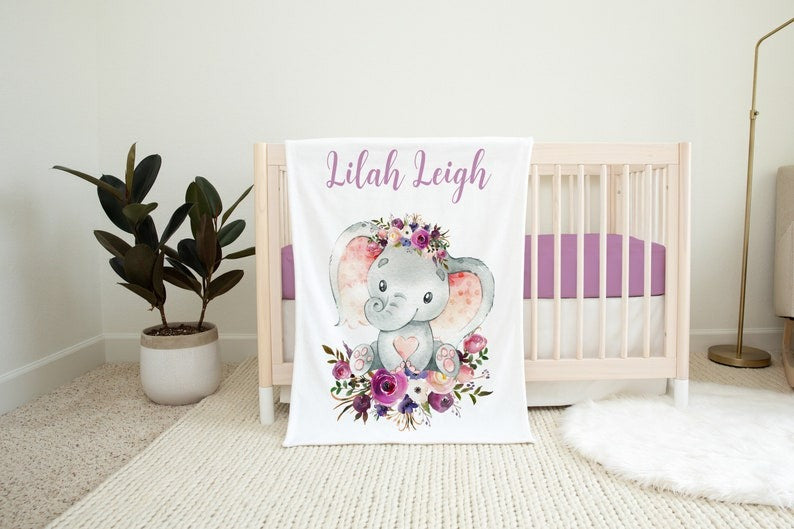 Elephant Floral Baby Kids Blanket With Customized Name For Baby Girl Nursery, Daughter, Granddaughter, Month Gifts