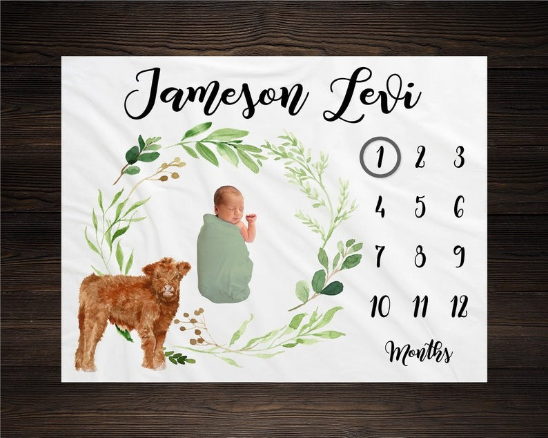 Brown Cow Baby Milestone Blanket With Customized Name For Baby Boy Nursery, Son, Grandson, Month Gifts