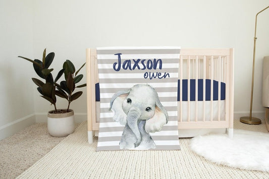 Boy Elephant Baby Kids Blanket With Customized Name For Baby Boy Nursery, Son, Grandson, Month Gifts