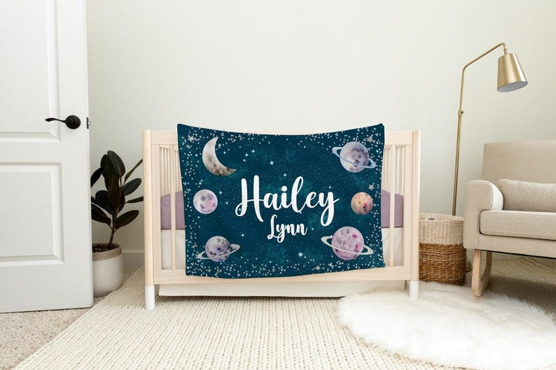 Galaxy Outer Space Baby Kids Blanket With Customized Name For Baby Boy Nursery, Son, Grandson, Month Gifts