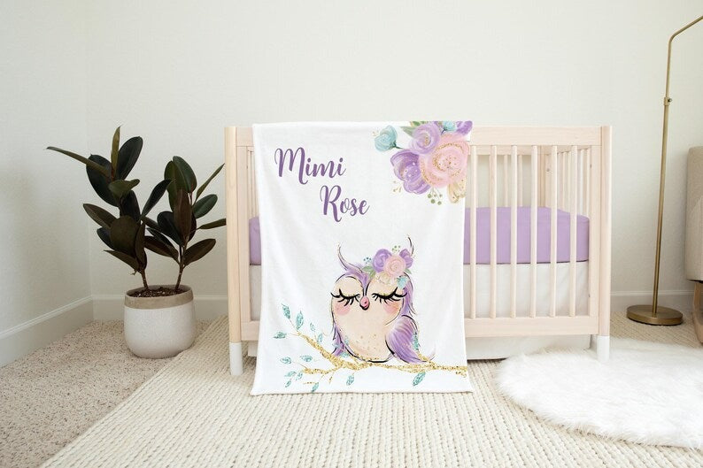 Purple Owl Floral Baby Kids Blanket With Customized Name For Baby Girl Nursery, Daughter, Granddaughter, Month Gifts