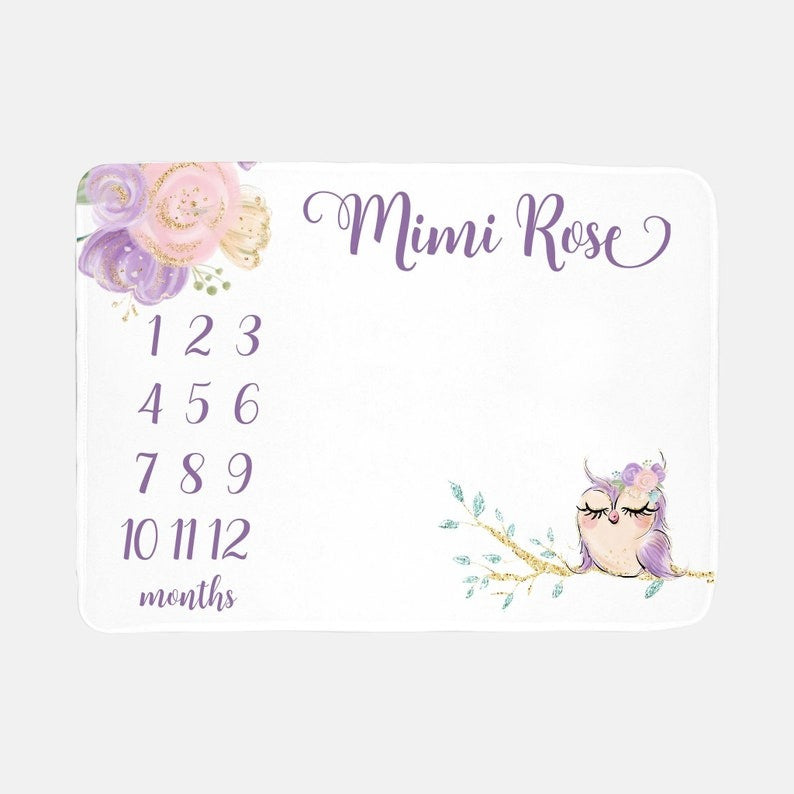 Purple Owl Floral Baby Milestone Blanket With Customized Name For Baby Girl Nursery, Daughter, Granddaughter, Month Gifts