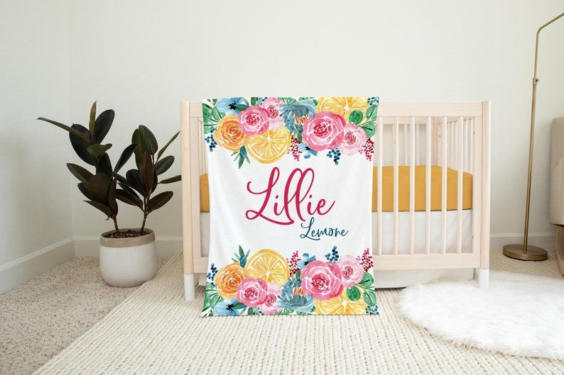 Lemon Floral Baby Kids Blanket With Customized Name For Baby Girl Nursery, Daughter, Granddaughter, Month Gifts