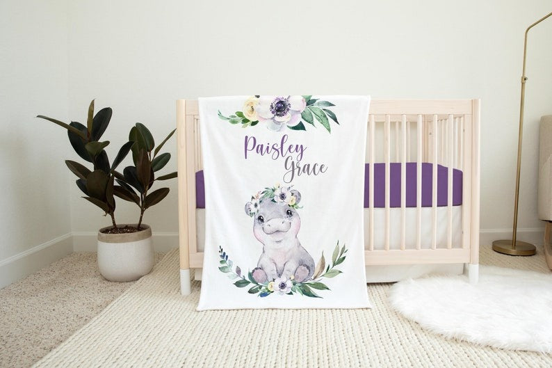 Hippo Baby Kids Blanket With Customized Name For Baby Girl Nursery, Daughter, Granddaughter, Month Gifts