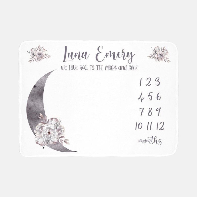 Monochrome Moon Baby Milestone Blanket With Customized Name For Baby Girl Nursery, Daughter, Granddaughter, Month Gifts