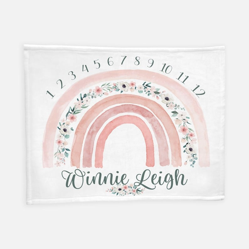 Boho Rainbow Baby Milestone Blanket With Customized Name For Baby Girl Nursery, Daughter, Granddaughter, Month Gifts